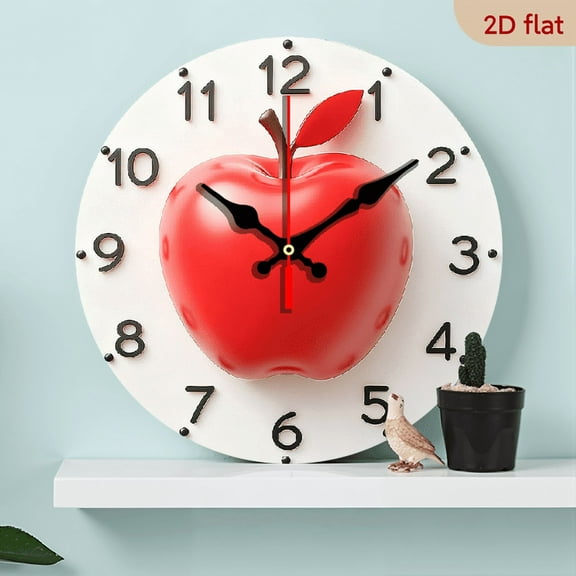 2D Flat 1pc 10Inch Wooden Red Apple Wall Clock - Silent Non-Ticking Round Clock with Golden Hands, Battery Operated (AA Not Included) - Modern Home Decor for Living Room, Kitchen, Office