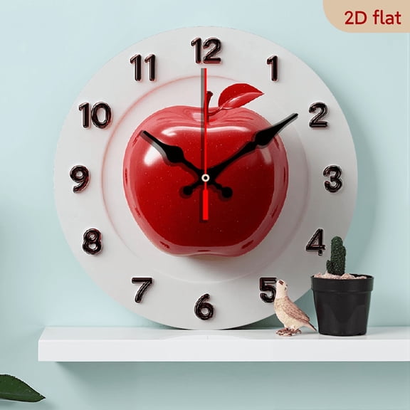 2D Flat 1pc 10Inch Wooden Red Apple Wall Clock - Silent Non-Ticking Round Clock with Golden Hands, Battery Operated (AA Not Included) - Modern Home Decor for Living Room, Kitchen, Office