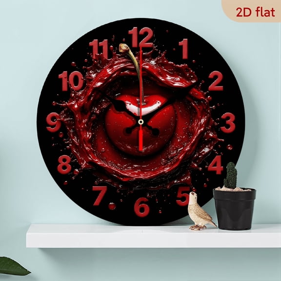 2D Flat 1pc 10Inch Wooden Red Cherry Fruit Splash Wall Clock - Analog Quiet Non-Ticking Modern Home Decor, Artificial Wood Rectangular, Battery Operated (AA Not Included)