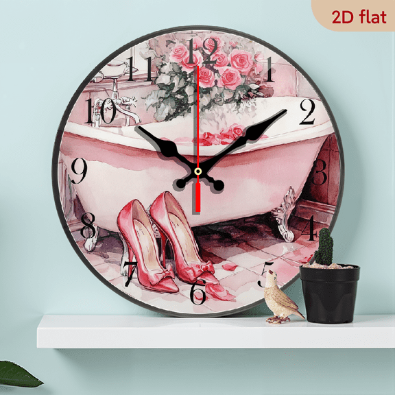 2D Flat 1pc 10Inch Wooden Romantic Roses Bathtub Wall Clock Non Ticking Silent Battery Operated Round Decorative Clock for Home Living Room Kitchen Office Dorm Decor