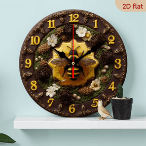 2D Flat 1pc 10Inch Wooden Round Bee Honeycomb Wall Clock - Silent Non-Ticking Movement, Battery-Powered (AA Not Included) - Modern Farmhouse Decor with Bee Honeycomb Design