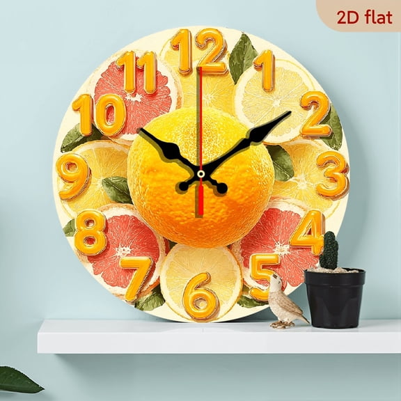 2D Flat 1pc 10Inch Wooden Round Hanging Clock, Creative Fruit Lemon Slice Decorative Silent Non-Ticking Wall Clock, Suitable for Home Decoration, Gift Giving, AA Battery Not Included