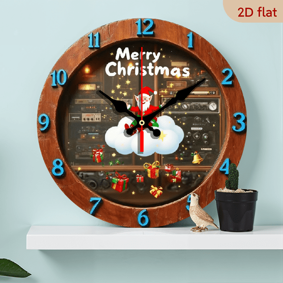 2D Flat 1pc 10Inch Wooden Round Silent Non-Ticking Wall Clock with Fairy Cloud Santa Claus Design - Battery-Powered (AA Not Included) - Modern Minimalist Christmas Halloween Decor, For Living Room