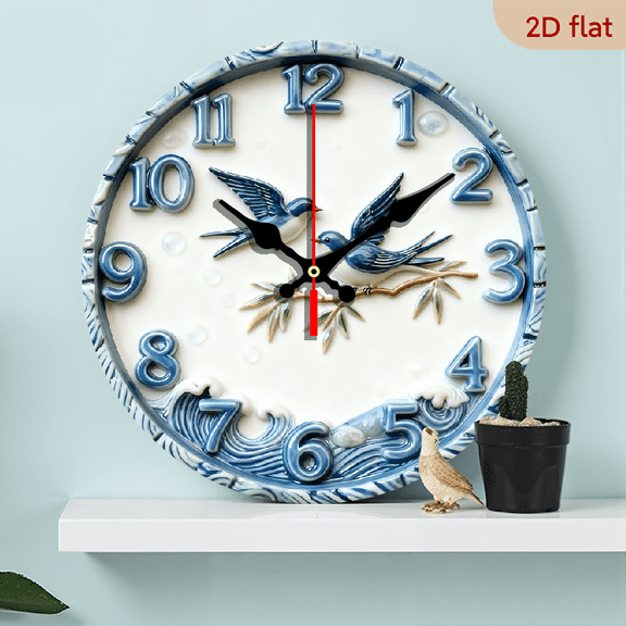 2D Flat 1pc 10Inch Wooden Round Silent Non-Ticking Wall Clock with Swallow Birds Floral Design - Modern Minimalist Face Hands, Battery-Powered (AA Not Included), Bedroom, Dining Room