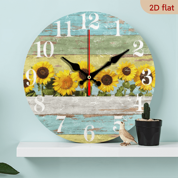 2D Flat 1pc 10Inch Wooden Round Sunflower Wall Clock, Silent, Battery Operated, Easy to Read, Decorative for Home Office