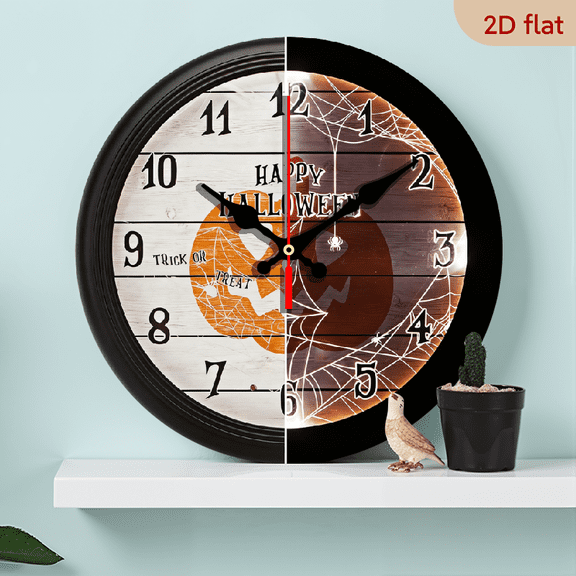 2D Flat 1pc 10Inch Wooden Round Wall Clock Happy Halloween Pumpkin Style Dial, Battery Operated,  for Bedroom, Office Living Room