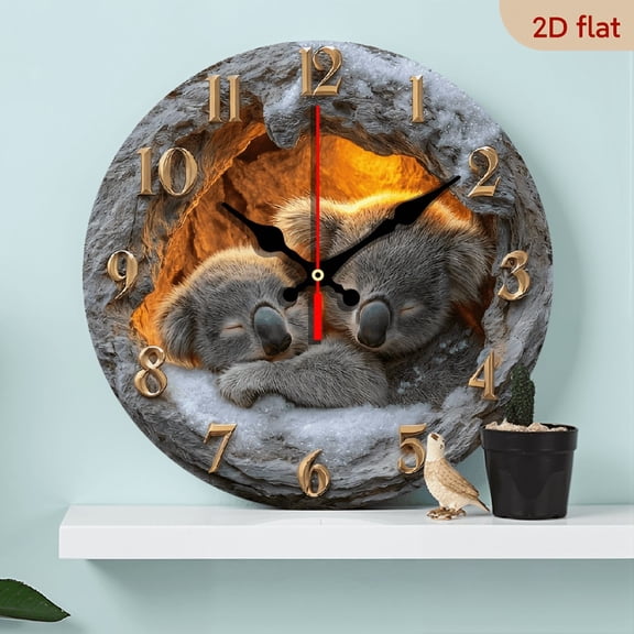 2D Flat 1pc 10Inch Wooden Round Wall Clock with Koala Snow Cave Design - Silent Movement, 10Inch, Auto-Shut Off, Battery Not Included, Perfect for Living Room, Bedroom, Study, Dining Room