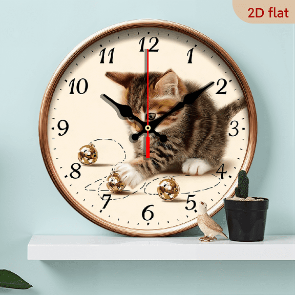 2D Flat 1pc 10Inch Wooden Round Wall Clock with Moving Kitten Bell - Number Display, Auto-Ringing Mechanism, Durable Composite Wood for's Room, Pet-Themed Home Decor - Artistic Playful cat Clock