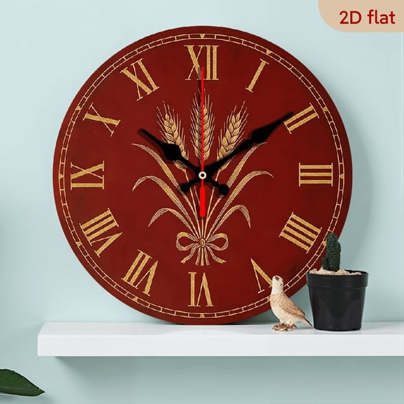 2D Flat 1pc 10Inch Wooden Round Wall Clock - Silent Non-Ticking Roman Numeral Clock with Red Wheat Design, Wooden Frame, AA Battery Operated (Not Included) for Home Decor, Holiday Gift