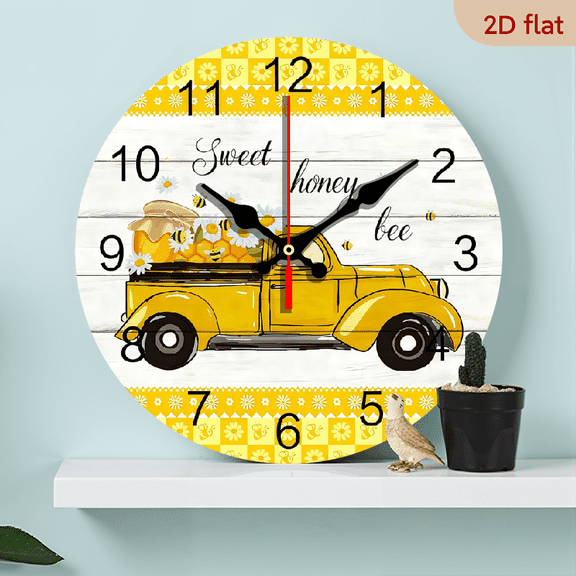 2D Flat 1pc 10Inch Wooden Round Wall Clock, Sweet Honey Bee Truck Daisy Flower Rustic Wooden Yellow Plaid Silent Quartz Battery Operated Decor Clock for Kitchen Living Room Bedroom Office