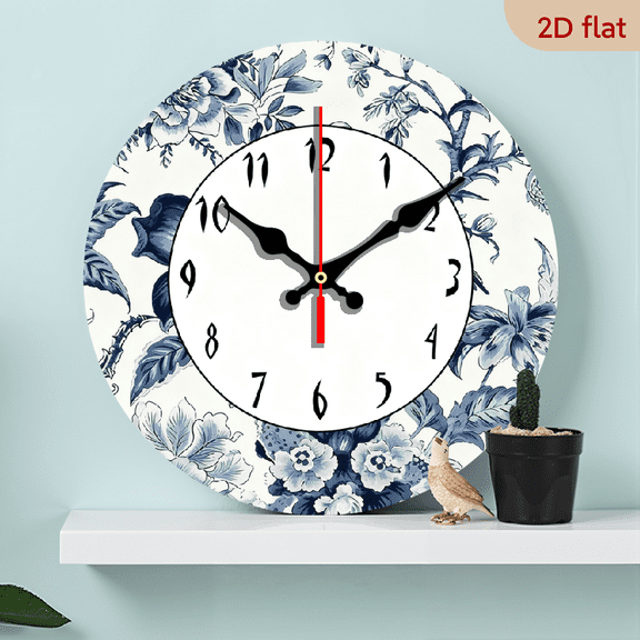 2D Flat 1pc 10Inch Wooden Round Wooden Clock for Wall Decor Chinese Style Blue And White Porcelain Bird Floral Farmhouse Wall Clock Silent Non Ticking Wood Clock for Office School Classroom