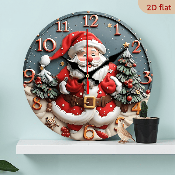 2D Flat 1pc 10Inch Wooden Round wall clock with a cute Santa Claus design, silent and non ticking operation Suitable for home decoration or as a gift AA batteries not included