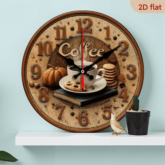 2D Flat 1pc 10Inch Wooden Rustic Farmhouse Coffee Break Wall Clock - Wooden Kitchen Decor with Coffee Cup, Cookies, Pumpkin 'Coffee' Text - Battery-Powered Analog Clock for Living Room, Office