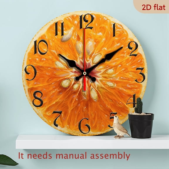 2D Flat 1pc 10Inch Wooden Rustic Farmhouse Orange Slice Design Wooden Wall Clock - Silent Quartz Movement, AA Battery Operated (Not Included), 2D Flat Decorative Clock for Kitchen, Bedroom, Livi