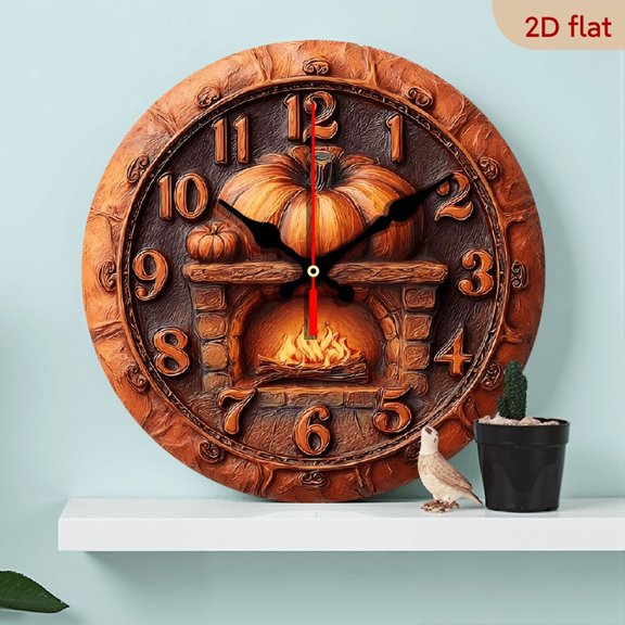 2D Flat 1pc 10Inch Wooden Rustic Farmhouse Silent Wall Clock with Large Black Hands Golden Numbers - 10 Inch Autumn Pumpkin Fireplace Mantel Clock, Faux Wood Round Clock Room,, Living Room, Kitchen