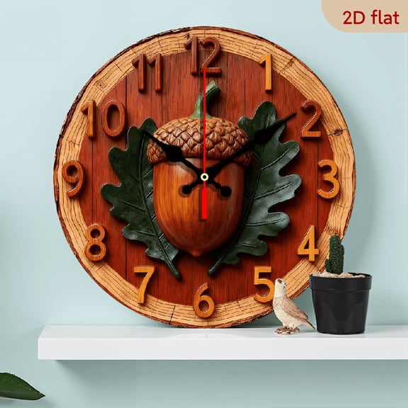 2D Flat 1pc 10Inch Wooden Rustic Wood-Look Acorn Leaf Wall Clock - Large Round 10Inch Silent Movement, Artificial Wood Oak Tree Design with Green Numbers Brown Face, Golden Hands - Battery-Free
