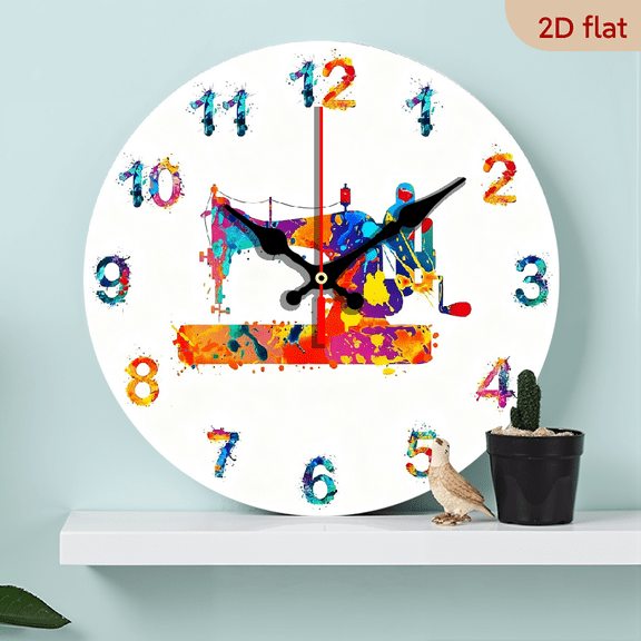 2D Flat 1pc 10Inch Wooden Sewing Machine Watercolor Art Print Wall Clock Seamstress Sewing Room Sign Silent Non Ticking Decorative Wall Watch Tailor Gift