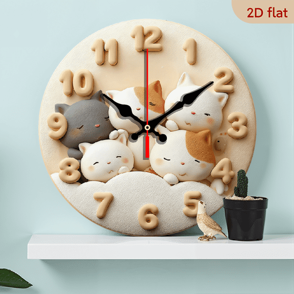 2D Flat 1pc 10Inch Wooden Silent Cat Wall Clock - Round, No-Ticking Mechanism, Battery Operated (AA Not Included) - Adorable Kitten Design with Floral Accents, Perfect for Home, Office, Bedroom