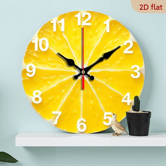 2D Flat 1pc 10Inch Wooden Silent Lemon Slice Wall Clock Modern Round Wooden Design Vibrant Citrus Theme Quartz Movement Battery-Powered, Non-Ticking Ideal for Living Room, Bedroom, Kitchen