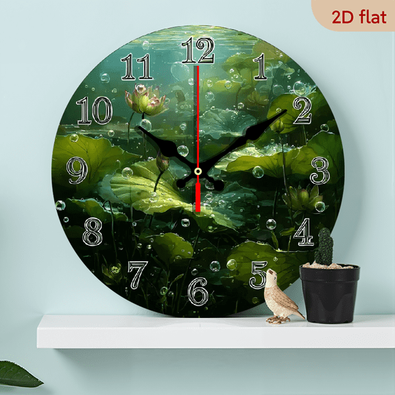 2D Flat 1pc 10Inch Wooden Silent Non-Ticking -Inspired Underwater for Lotus Pond Wall Clock with Green Hands White Face - Large Round Wood Clock for Living Room, Bedroom