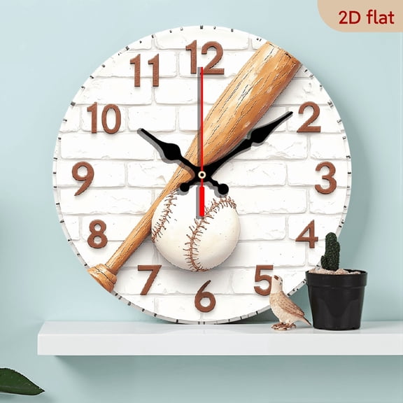 2D Flat 1pc 10Inch Wooden Silent Non-Ticking Wall Clock with 2D Baseball Design, Wooden Round Analog Clock for Home, Kitchen, Pool, Bathroom - AA Battery Operated (Not Included), Lake House Decor
