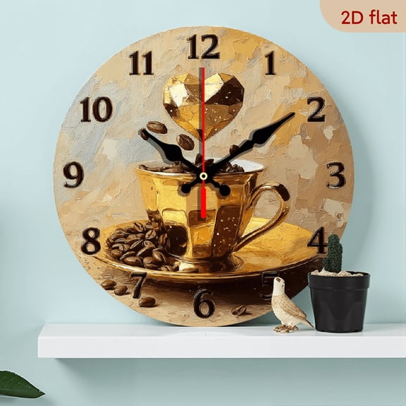 2D Flat 1pc 10Inch Wooden Silent Non-Ticking Wall Clock - Elegant Golden Coffee Cup Heart-Shaped Steam Design, Wooden Decorative Clock for Kitchen, Home Office, Studio, Guest Room