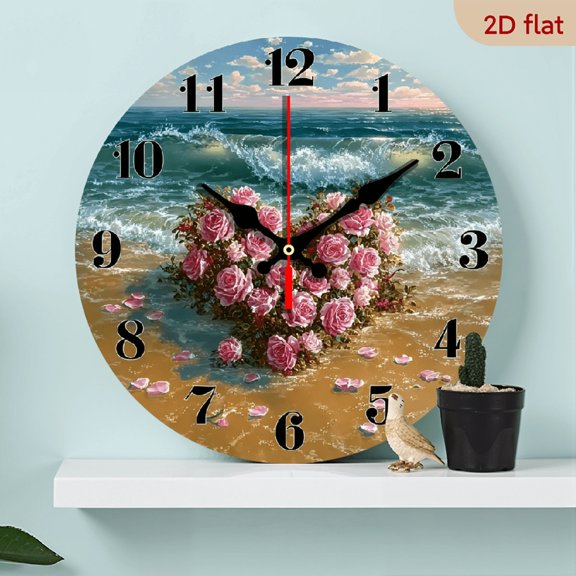 2D Flat 1pc 10Inch Wooden Silent Non-Ticking Wall Clock - Heart-Shaped Roses Ocean Waves Design, Wooden Decorative Round Clock for Home Office, Kitchen, Studio, Guest Room