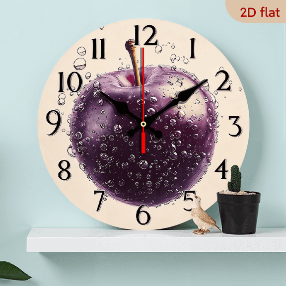 2D Flat 1pc 10Inch Wooden Silent Non-Ticking Wall Clock - Modern Minimalist Purple Apple Design with Water Droplets, Large Easy-to-Read Hands Face, Round, Living Room, Office Decor, Contempora