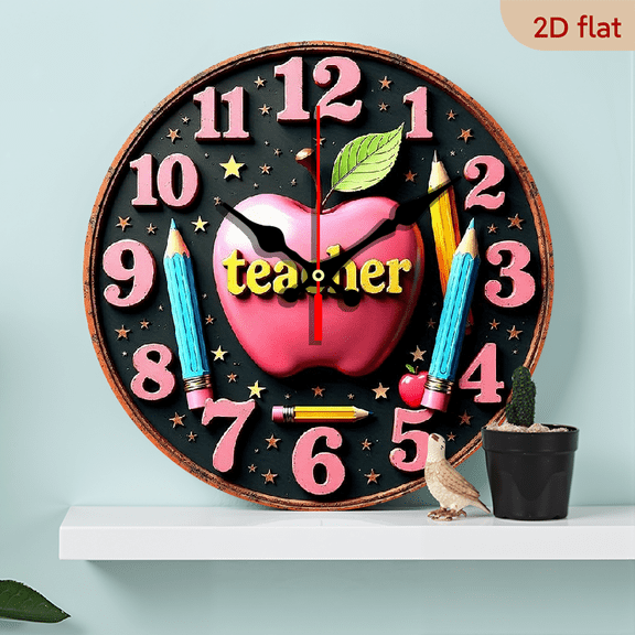 2D Flat 1pc 10Inch Wooden Silent Non-Ticking Wall Clock - Teacher Appreciation Gift with Pink Apple Pencils, Classroom Decor, Educational Home Decoration - Easy-to-Read Black Background