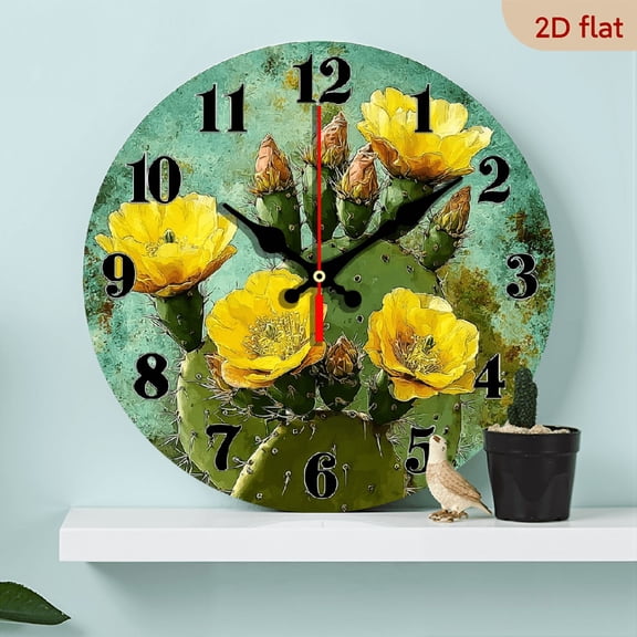2D Flat 1pc 10Inch Wooden Silent Non-Ticking Wooden Wall Clock with Blooming Cactus Green Cacti Design - Large Yellow Face, Black Hands, Mint-Green Frame - 20cm (No Battery) - Modern Desert Plant