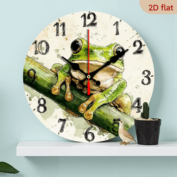 2D Flat 1pc 10Inch Wooden Silent Non-Ticking Wooden Wall Clock with Cute Frog Plant Stem Design - Large Round Modern Minimalist Clock Room,, - 25cm (No Battery) - Wood, Easy-Read Black Hands