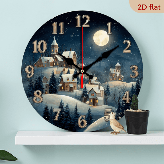 2D Flat 1pc 10Inch Wooden Silent Non-Ticking Wooden Wall Clock - Winter Village Snowy Night Scene, Large Easy-to-Read Black Hands, Round Modern Farmhouse Decor for Bedroom, Living Room, Entrywa