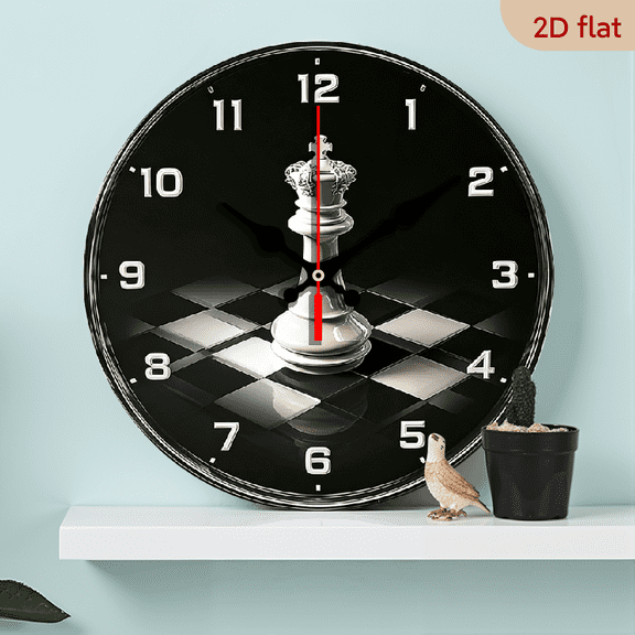 2D Flat 1pc 10Inch Wooden Silent Round Chess King Standing on Black and White Checkered Wall Clock - Quartz Movement, Battery Operated (AA Batteries Not Included), Suitable for Bedroom, Kitchen