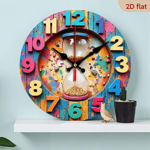 2D Flat 1pc 10Inch Wooden Silent Wall Clock 10Inch Colorful Art Design with Timer and Vibrant Numbers Suitable for Teens' Room Decor Vibrant Quiet Operation Perfect Easter Gift, 2D Flat