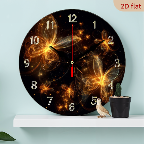 2D Flat, 1pc 10Inch Wooden Silent Wall Clock- 2D Flat Printed Circular Clock, Modern Retro Rustic StyleButterfly-themed Wall Clock, Suitable for Living Room, Office, Bedroom Decoration, Birthday,