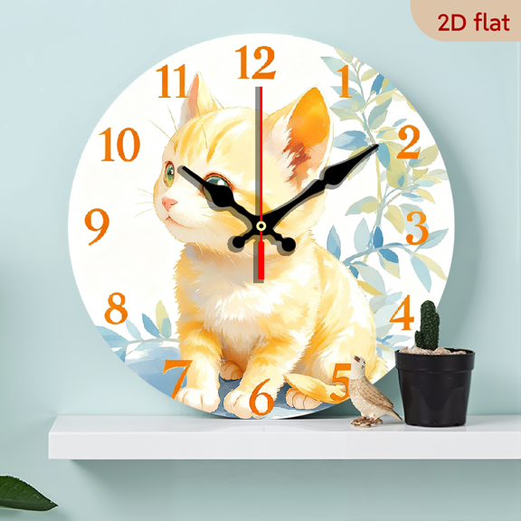 2D Flat 1pc 10Inch Wooden Silent Wall Clock Cute Kitten with Floral Design, Printing, Ideal for Home Living Room Decor, Bedroom, Office, Fall Winter, Perfect Gift for Halloween, Thanksgiving