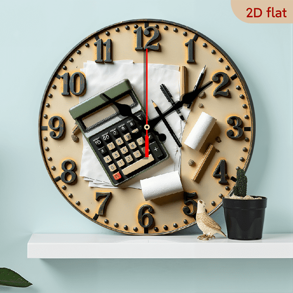 2D Flat 1pc 10Inch Wooden Silent Wall Clock - Modern Minimalist Office Decor with Calculator-like Design, Quartz Movement Non-Ticking Clock for Home, Living Room, Workspace - Beige Black Accent