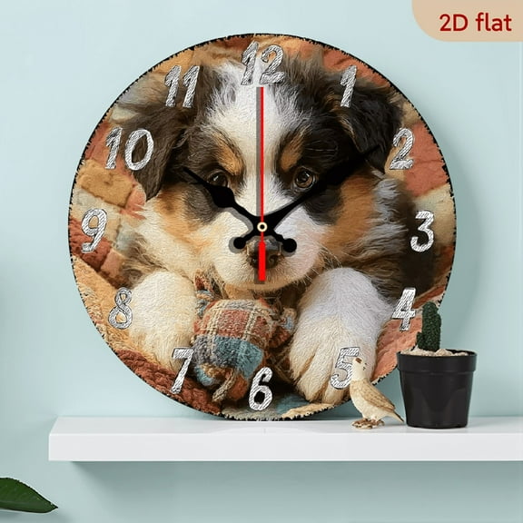 2D Flat 1pc 10Inch Wooden Silent Wall Clock Non-Ticking Wooden, Decorative Circular Clock Australian Shepherd puppy on quilted clock Design for Foyer, Kitchen, Home Office, Studio, Guest Room