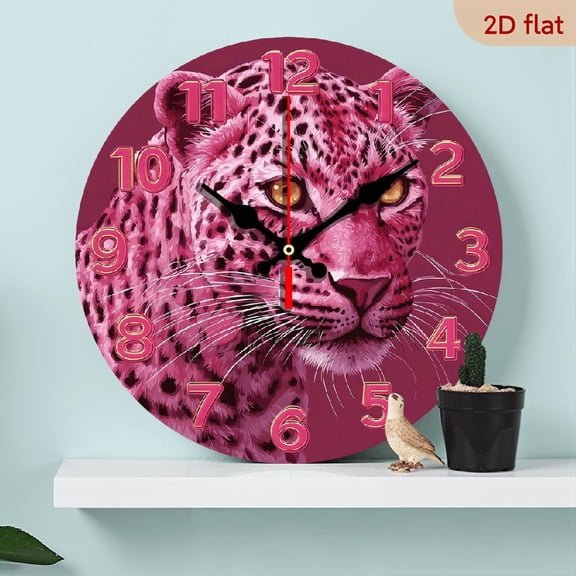 2D Flat 1pc 10Inch Wooden Silent Wall Clock - Pink Leopard Design, Wooden Round Wall Clock with Golden Hands, Classic Home Decor for Kitchen, Office, Living Room, Coffee Shop, Christmas Halloween