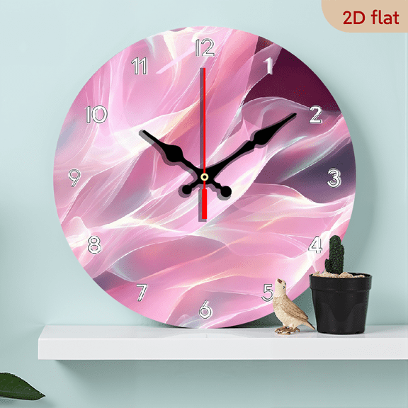 2D Flat 1pc 10Inch Wooden Silent Wall Clock - Printed Analog Clock with Pink Abstract Marble Design, Fantasy Theme, Round Wooden Frame, Battery Operated (AA Not Included) for Living Room Bedro