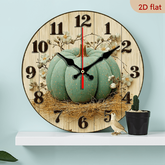 2D Flat 1pc 10Inch Wooden Silent Wall Clock Rustic Pumpkin Wall Clock with Floral Design for Autumn Home Decor, Wall Art for Living Room, Bedroom, Office, Fall Winter Decoration, Ideal for Ha