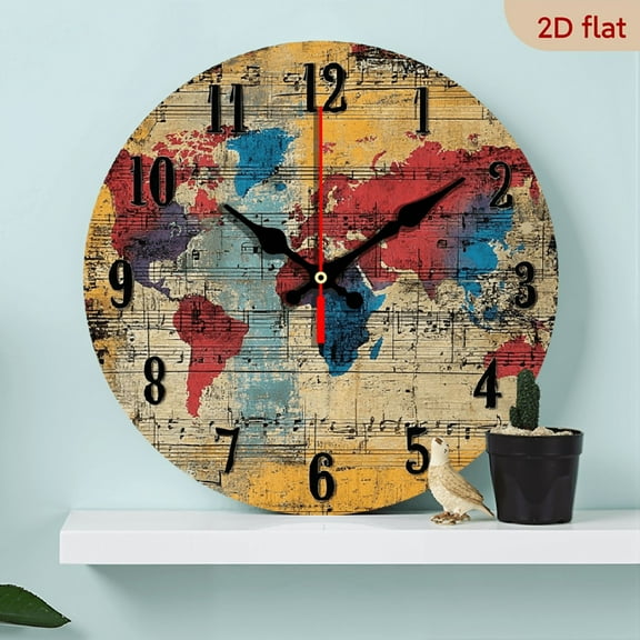 2D Flat 1pc 10Inch Wooden Silent Wall Clock with World Map Design - 2D Printed Round Clock, Modern Style with Musical Notes, Battery Operated (AA Not Included), 25cm, Bedroo