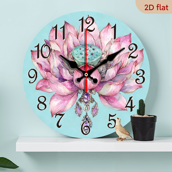 2D Flat 1pc 10Inch Wooden Silent wall clock- 2D flat printed circular clock, Modern retro rustic styleFloral wall clock with Lotus design, Suitable for living room, bedroom, home art decoration, B