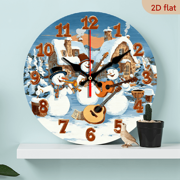 2D Flat 1pc 10Inch Wooden Snowman Band Celebration Round Wall Clock - Silent Non-Ticking Battery-Powered Winter Theme with Large White Face, Snowman Musical Instruments (Tuba, Drums, Guitar)