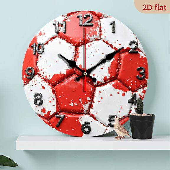2D Flat 1pc 10Inch Wooden Soccer Ball Clock - Red White Soccer Ball Design with Black Hour Markers, Quiet Non-Ticking Modern Sports Decor - Wooden Wall Clock for Living Room, Office, Game Room