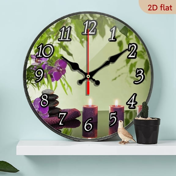 2D Flat 1pc 10Inch Wooden Spa Zen Stones Candles Orchids Wall Clock, Easy to Read Round Decorative Wooden Silent Non-Ticking Wall Clock with Gold Pointer for Home Office School