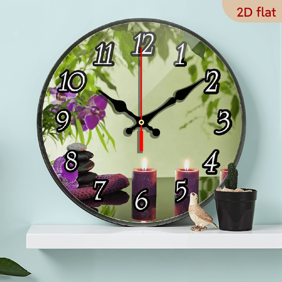 2D Flat 1pc 10Inch Wooden Spa Zen Stones Candles Orchids Wall Clock, Easy to Read Round Decorative Wooden Silent Non Ticking Wall Clock with Gold Pointer for Home Office School