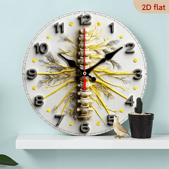 2D Flat 1pc 10Inch Wooden Spinal Nerve Wall Clock - Silent Swiss Movement, Modern Medical-Themed Decor with Spinal Design, Artificial Wood Frame, Round Clock for Bedroom, Living Room, Office