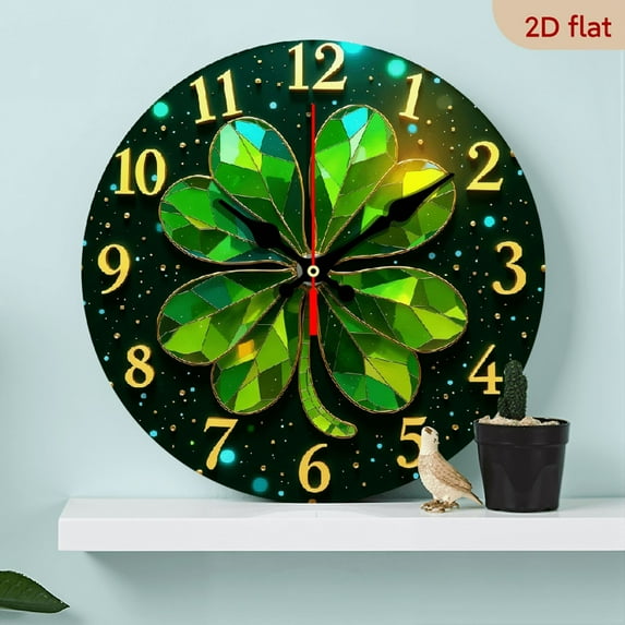 2D Flat 1pc 10Inch Wooden St Patrick'S Day Lucky Clover Wall Clock - Silent Wooden Frame, 2D Artistic Design with Shamrocks Rainbow, AA Battery Operated (Not Included) for Living Room