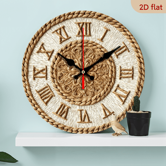 2D Flat 1pc 10Inch Wooden Straw Weave Sun Roman Wooden Wall Clock - Quiet Swiss, Battery Powered (AA not included), Home Decoration, Suitable for Living Room, Bedroom, Study Room Decoration